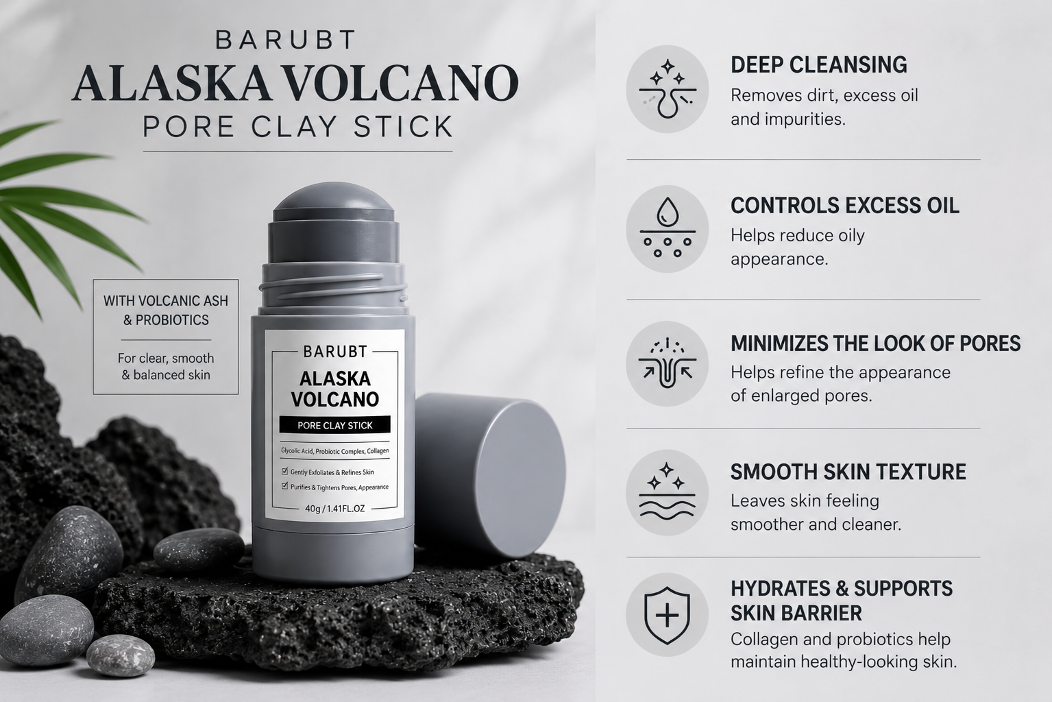 Alaska Volcano Pore Clay Stick with volcanic ash, collagen and probiotics for deep cleansing, oil control, pore care and smoother-looking skin.