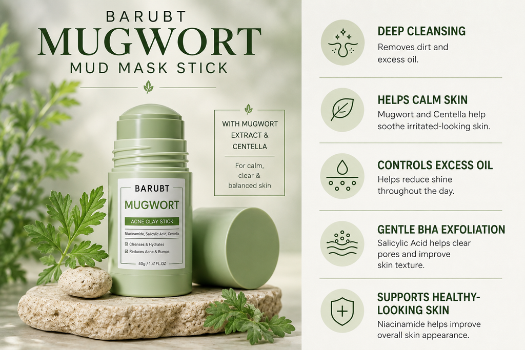 BARUBT Mugwort Mud Mask Stick with mugwort extract, centella, niacinamide and salicylic acid to help cleanse pores, reduce excess oil and improve skin texture.