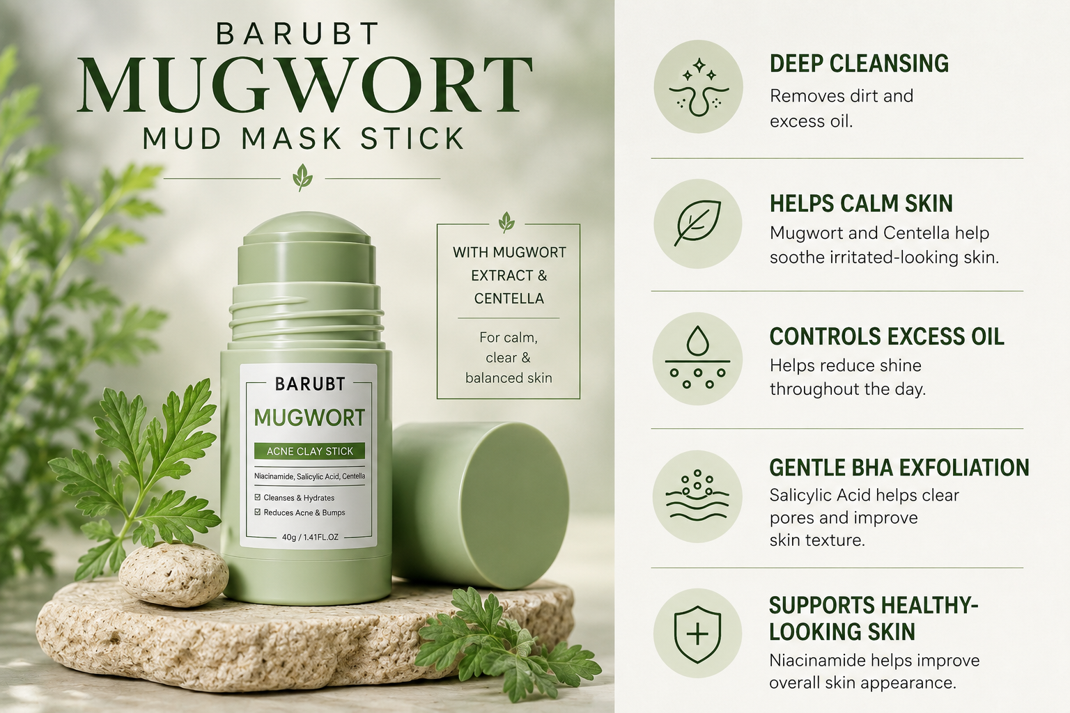 BARUBT Mugwort Mud Mask Stick with mugwort extract, centella, niacinamide and salicylic acid to help cleanse pores, reduce excess oil and improve skin texture.