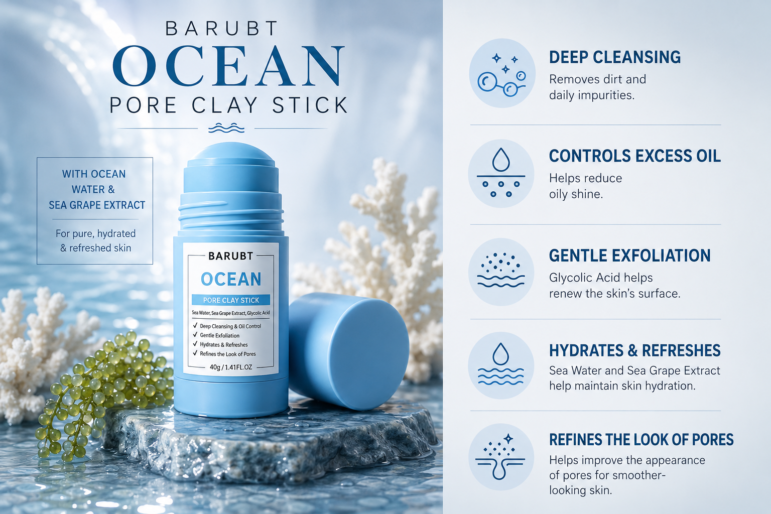 Ocean Pore Clay Stick with sea water, sea grape extract and glycolic acid for deep cleansing, hydration, gentle exfoliation and refined-looking pores.