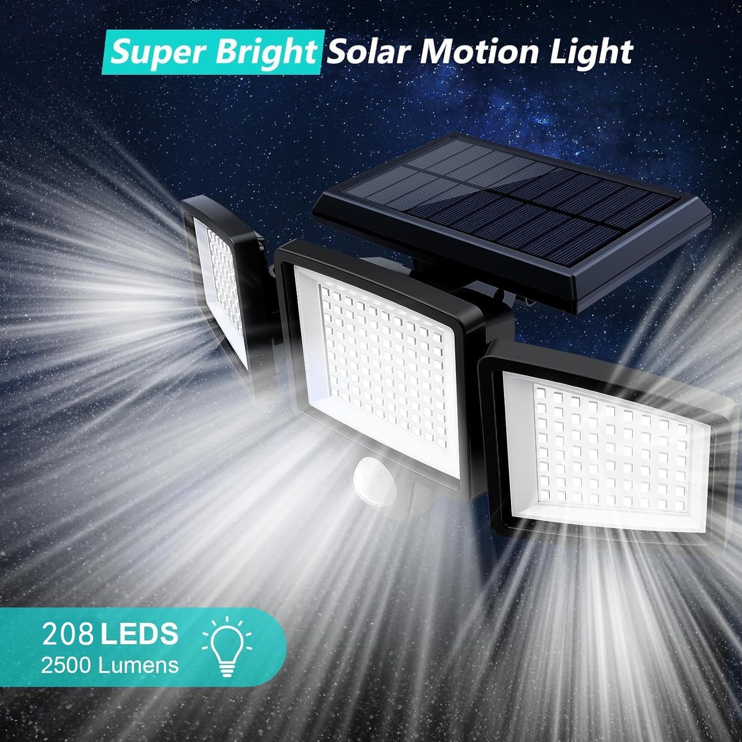Solar wall light close-up showing 208 LED panel
